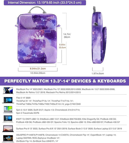 MoKo 13.3-14 Inch Laptop Sleeve Bag Fits MacBook Pro M3/M2 14" 2023,MacBook Pro 13" M2,New MacBook Air 13.6" M3/M2 2024,Tab S8 Ultra 14.6",Handle Carrying Case with Shoulder Strap,Purple Starry Sky