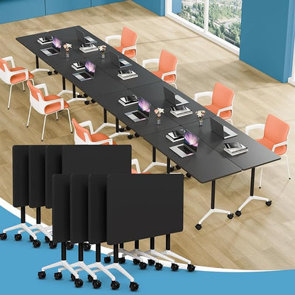 Conference Table Folding Conference Room Tables, Modern Mobile Meeting Training Table with Silent Wheels, Foldable Seminar Table for Offices, Classrooms, Libraries (8, Black, 55.1in)