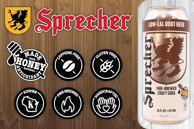 Sprecher Low-Cal Root Beer Craft Soda – Fire-Brewed Reduced-Calorie Soda with Real Wisconsin Honey, 16 fl oz Cans (12 Pack) – Caffeine-Free, Kosher, Gourmet Beverage