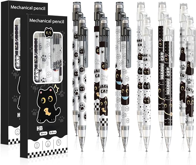 12Pcs Black Cute Cat Mechanical Pencils with Eraser 0.5mm Kawaii Cartoon Cat Mechanical Pencil School Pencil Cat Gifts for Women Man