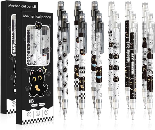12Pcs Black Cute Cat Mechanical Pencils with Eraser 0.5mm Kawaii Cartoon Cat Mechanical Pencil School Pencil Cat Gifts for Women Man