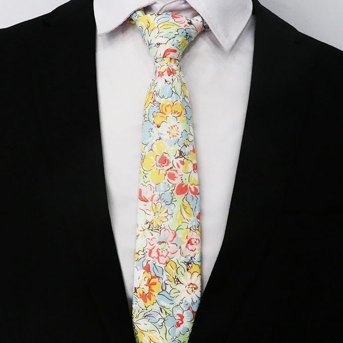 Cotton Floral Ties for Men 2.76" Men's Skinny Tie Linen Flower Printed Neck Tie for Wedding Dating Party