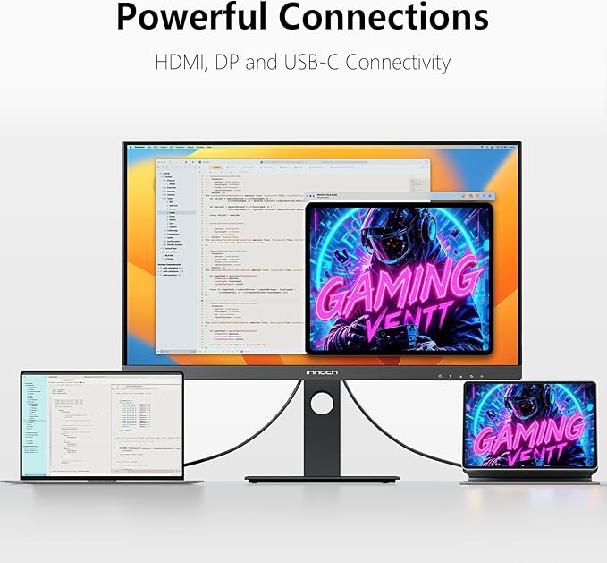 INNOCN 27 Inch 4K Monitor for MacBook Air/Pro, Mac mini PC, 3840 x 2160 LCD IPS Display, HDR400, USB C 65W, DP, HDMI, PC Monitor, 1.07B+ Colors, Built-in Speakers, Pivot Adjustable Stand, Black