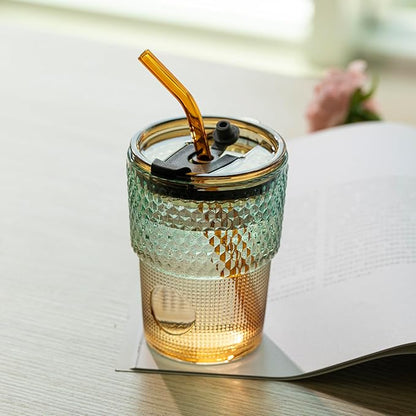 13 oz Tumbler Water Glass, Water Bottle with Straw and Dustproof Lid, Coffee Ice Cup Double Wall Insulated Glass Cup (Amber-Ribbed)