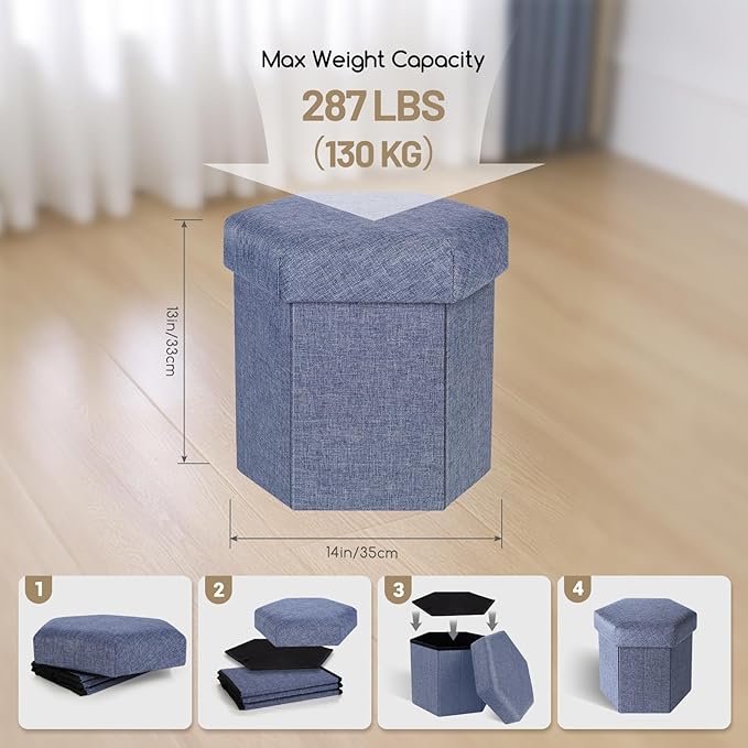 Storage Ottoman,Folding Ottomans with Storage,Linen Ottoman Foot Rest,Foot Stool with Thicker Foam Padded for Living Room,Bedroom,Office,Dorm,287 lb Load Capacity,14x14x13in,Blue