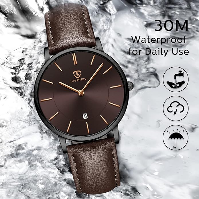 L LAVAREDO Watch for Men, Extremely Thin Mens Watches Minimalist Analog Men's Leather Wrist Watches with Time/Date, Birthday Gift for Men Boyfriend