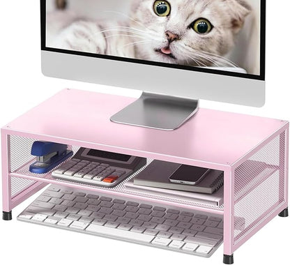 Desk Organizers and Accessories, 2-Tier Metal Computer Monitor Stand Riser, Desk Organizer for Monitor, Printer & Laptop Stand, Desktop Workspace Organizers for Office Supplies(Pink)