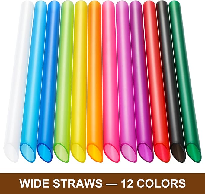 Angled Tips, 12 Pcs Wide Reusable Bubble Tea Straws with 4 Brushes - Multi Colors Jumbo Smoothie Straws, BPA FREE Plastic Straw for Bubble Tea (Tapioca, Pearls), Milkshakes