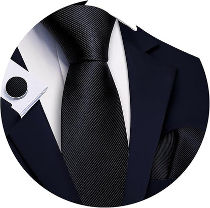 Barry.Wang Tie Sets for Men Silk Solid Necktie Stain Ties Handkerchief Pocket Square Cufflinks Wedding Business Dyed
