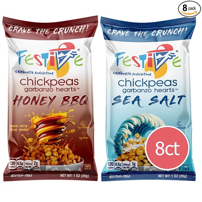 Snack Festive Sea Salt & Honey BBQ Pack Roasted Chickpea Snacks, 8 Bags 1 oz Crunchy Protein Garbanzo Beans, Healthy Nut Free Vegan Non-GMO Soy-Free Balanced Macro