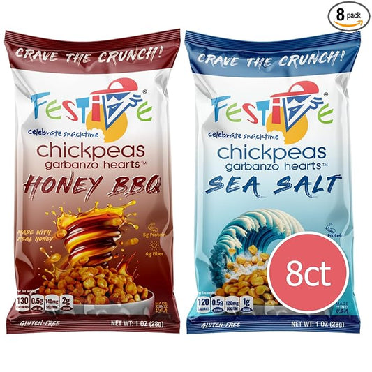 Snack Festive Sea Salt & Honey BBQ Pack Roasted Chickpea Snacks, 8 Bags 1 oz Crunchy Protein Garbanzo Beans, Healthy Nut Free Vegan Non-GMO Soy-Free Balanced Macro