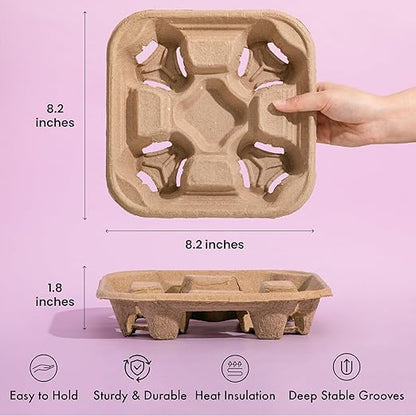 FMP Brands 4 Cup Disposable Drink Carrier Trays, 320 Pack Compostable Pulp Fiber Cup Holder for 8-32oz Cup, Durable to Go Coffee Cup Holders for Delivery Service, Uber Eats