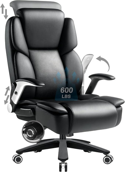 600lbs Big and Tall Office Chair, Heavy Duty Executive Desk Chair for Heavy People, Extra Wide PU Leather Computer Chair with 4" Adjustable Headrest & Air Lumbar Support