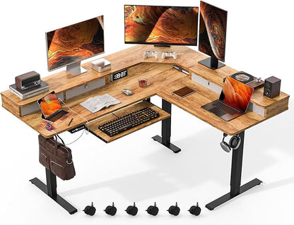 Kingant 63″x55″ L Shaped Electric Standing Desk with A/C Charging Port & Storage, Height Adjustable Corner Computer Gaming Table, Home Office Sit Stand Up Desk & Cable Management, Light Rustic Brown