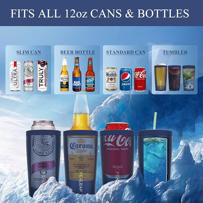 4 in 1 Insulated Slim Can Cooler for 12 OZ Cans and Beer Bottle - Keep 8 Hours Cold, Easy to Hold - Stainless Steel Can Holder, Double Walled Can Insulator for Hard Seltzer and More (Navy Blue)