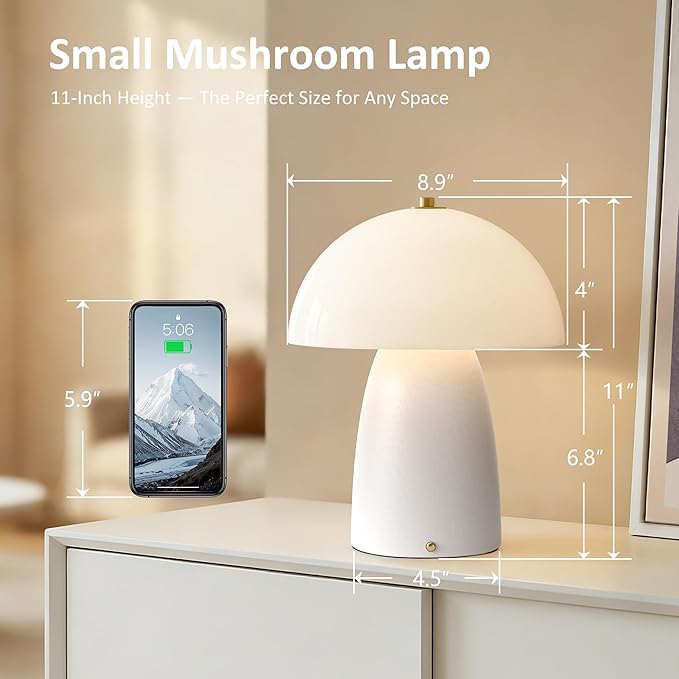 11" Mushroom Table Lamp, Small Ceramic Desk Bedside Lamp with Touch Control 3-Way Dimmable & Glass Shade, Modern Nightstand Lamp for Living Room Bedroom Home Office Crackle Texture Decor-White