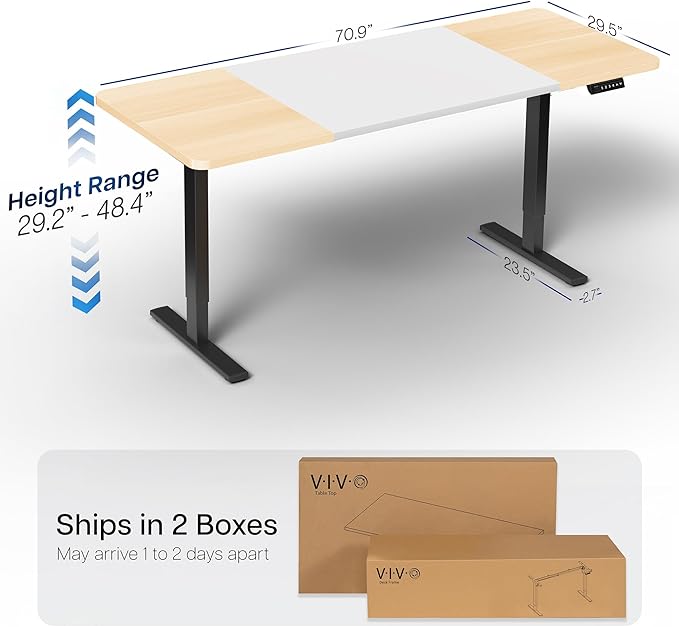 VIVO Electric 71 x 30 in Standing Desk, Memory Height Adjustment, 1B Series, White and Light Wood Top, Black Frame, DESK-KIT-1B7WC