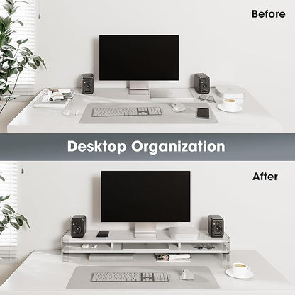 Fenge Acrylic Monitor Stand Riser, Clear Dual Acrylic Computer Monitor Stand for 2 Monitors, 2 Tier Wood Office Desk Storage Organizer for Laptop, Computer, TV Stand