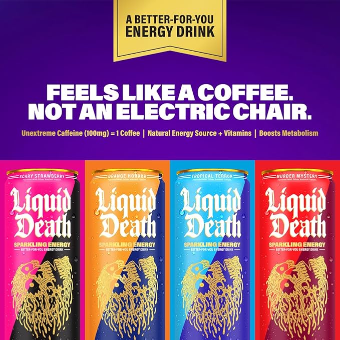 Liquid Death Murder Mystery, Cherry and Spice-Flavored Sparkling Energy, Sugar-Free Energy Drink, 100mg Caffeine, 12 Fl Oz (Pack of 12)