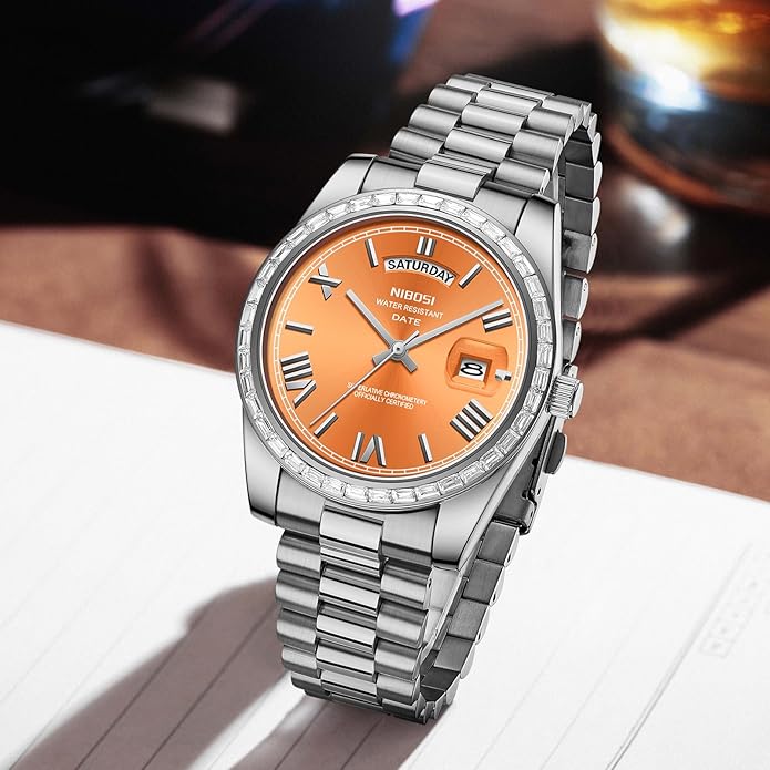 NIBOSI Men's Watches Analog Quartz Diamond Bezel Stainless Steel Dial Rose Gold Silver Watches for Men Waterproof Business Classic Dress Wrist Watch with Day Date