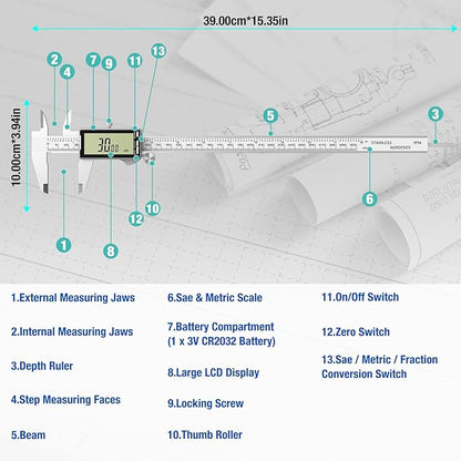 Digital Caliper 12 Inch with Large LCD Screen, Inch/MM/Fraction Conversion, 300mm Micrometer Caliper All Stainless Steel Diameter Measuring Tool for Jewelers/Woodworkers/DIY