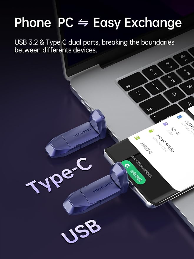 MOVE SPEED 2TB Solid State Flash Drive, 1000MB/s Read Write Speed, USB 3.2 Gen2 & Type C Dual Interface SSD with Keychain Leather Case Thumb Drive for iPhone 15 16 Series/MacBook/Android Phone etc