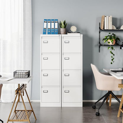 MIIIKO 4 Drawer File Cabinet, White Vertical Filing Cabinets with Lock, Home Office File Folders Storage Cabinet for Letter Legal A4 File Size