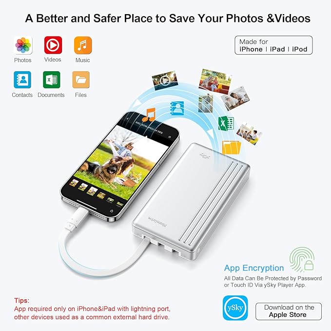 ySky MFi Certified 2TB External Hard Drive for iPhone iPad MacBook Computer,Portable Photo Stick USB Flash Drive Storage Device to Backup Photo| Video | Music| File 【One-Touch Backup】