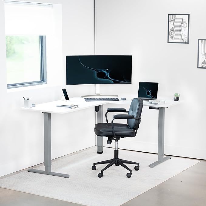 VIVO Electric Corner 63 x 55 inch L-Shaped Standing Desk, Memory Height Adjustment, White Top Gray Frame, DESK-E3CTGW