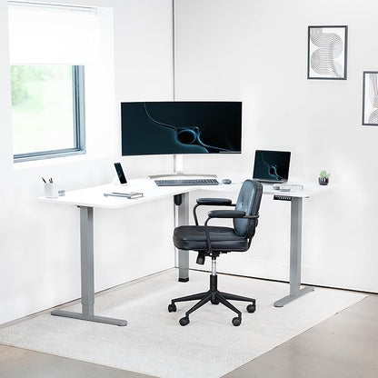 VIVO Electric Corner 63 x 55 inch L-Shaped Standing Desk, Memory Height Adjustment, White Top Gray Frame, DESK-E3CTGW