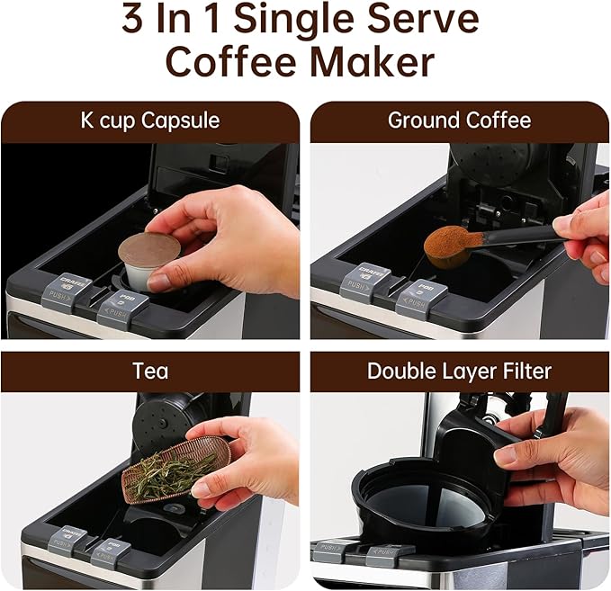 3 in 1 Single Serve Coffee Machine,With 12 Cups Removable Transparent Water Tank,Suitable For K Cup Capsule&Ground coffee&Coffee pod,Iced tea&Iced coffee maker,Black Coffee Machine