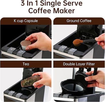 3 in 1 Single Serve Coffee Machine,With 12 Cups Removable Transparent Water Tank,Suitable For K Cup Capsule&Ground coffee&Coffee pod,Iced tea&Iced coffee maker,Black Coffee Machine