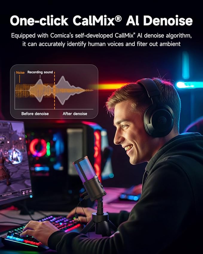 COMICA Ejoy UNI S USB Gaming Microphone for PC, RGB Cardioid Condenser Mic with Tripod Stand, 48kHz/24bit, Noise Cancellation, Streaming Mic for Recording, Podcast, Twitch, Discord, Computer, PS5, PS4