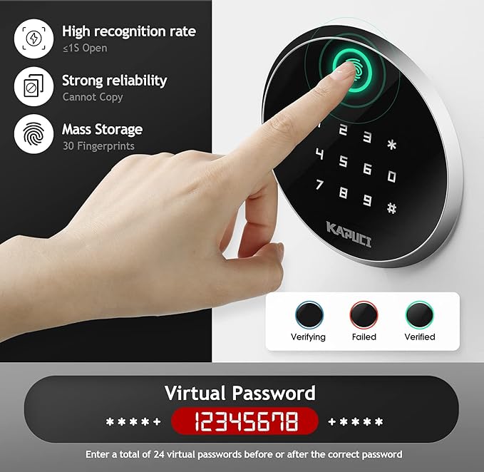KAPUCI Modern Minimalism Design Biometric Fingerprint Touch Screen Safe, 3.38 Cubic Feet Auto-Open Safe Box with Digital Virtual Password,Safety Steel Home Safes for Wardrobe,Office(New Version)