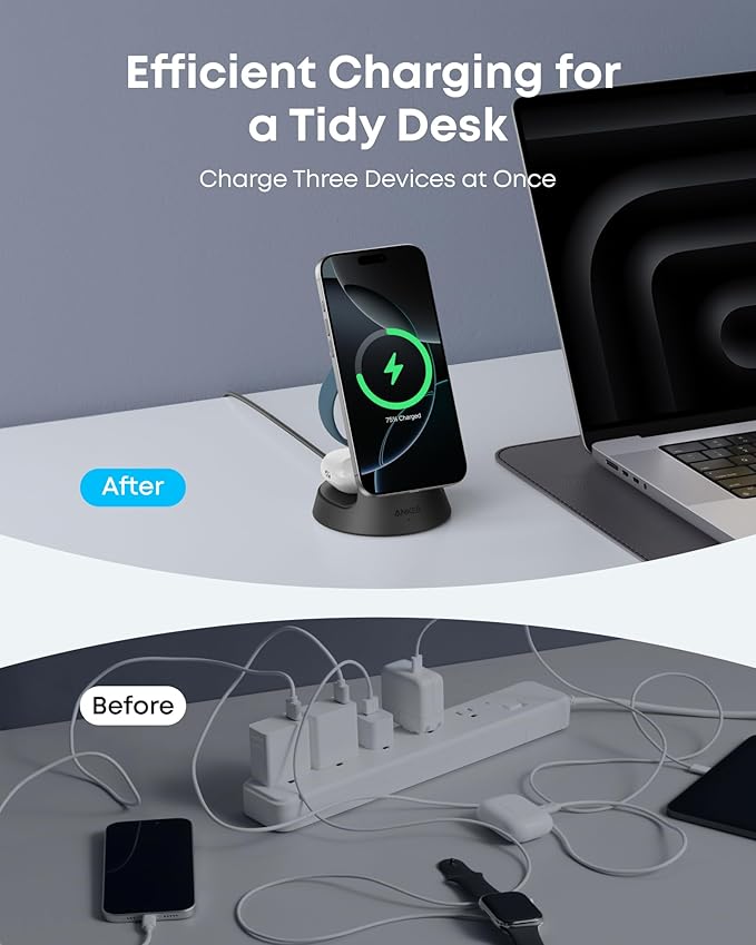 Anker MagSafe Charger Compatible, MagGo 3-in-1 Charging Station, Nano Charging Stand, Qi2 Certified 15W Magnetic Wireless Charger Dock, for iPhone17/16/15/14, Apple Watch,AirPods (Adapter Included)