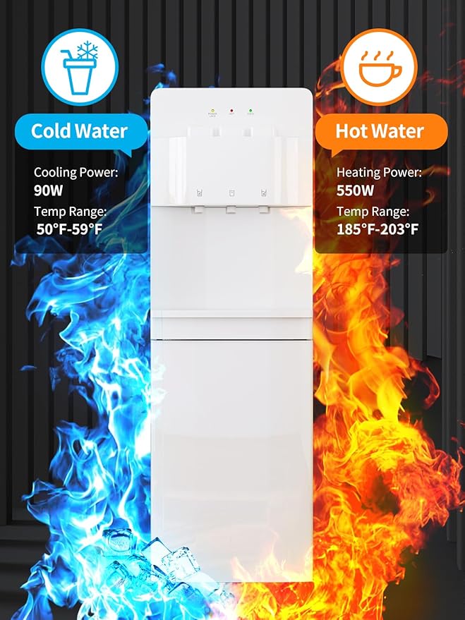 TABU Bottom Loading Water Cooler Dispenser with 3 Temperature Settings of Hot, Cold, Room Water, 3 or 5 Gallon Water Dispenser with Anti-Scalding & Child Safety Lock, White
