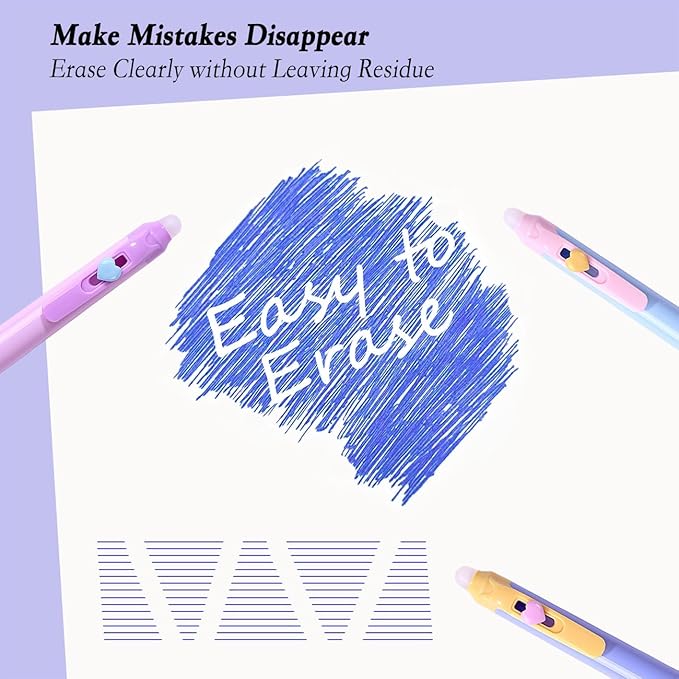 12Pcs Cute Retractable Erasable Gel Pens, Fine Point 0.5mm Blue Ink Pen with Eraser，Comfort Grip for Smooth Writing Note Taking Marking Planner Crossword Puzzles (Blue Ink)