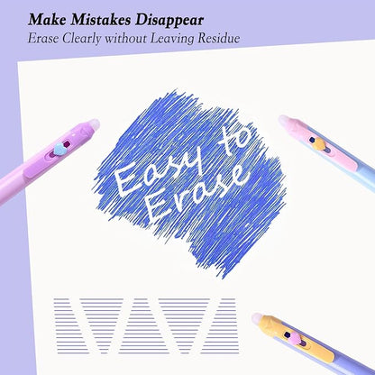 12Pcs Cute Retractable Erasable Gel Pens, Fine Point 0.5mm Blue Ink Pen with Eraser，Comfort Grip for Smooth Writing Note Taking Marking Planner Crossword Puzzles (Blue Ink)