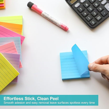 Lined Sticky Notes 3x3 in, 8 Pack Super Sticking Power Self-Stick Note Pads Bright Colors for Home, Office, School