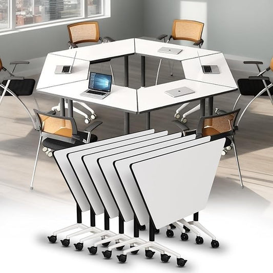 Conference Room Table, 47.2 Inch Folding Conference Tables with Wheels, Modern Office Meeting Table, Easy Flip & Nest Design, Rectangular Seminar Tables with Metal Frame for 2-24 People (L, 6PCS)