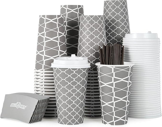 JOLLY PARTY [100 Sets] 16 oz Paper Coffee Cups, Disposable Coffee Cups with Lids, Sleeves and Straws, Hot Cold Beverage Drinking Cup for Water, Coffee or Tea, To-Go Cup Suitable for Office and Travel