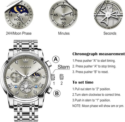 OLEVS Men Watches Stainless Steel Chronograph Watch, Large Wrist Analog Quartz Watch, Fashion Waterproof Diamond Roman Numerals Dress Watches for Men, Gold/Black/White/Blue/Grey Dial