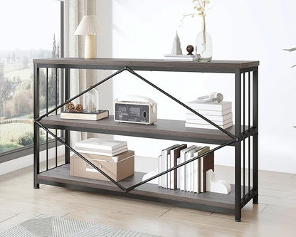 IBF Short Wide Horizontal Bookshelf, Industrial office Low 3 Tier Book shelf, Rustic Wide Vintage open Bookcase with Storage, Modern Grey Etagere for Home Office Living Room Bedroom, Gray Oak, 47 Inch