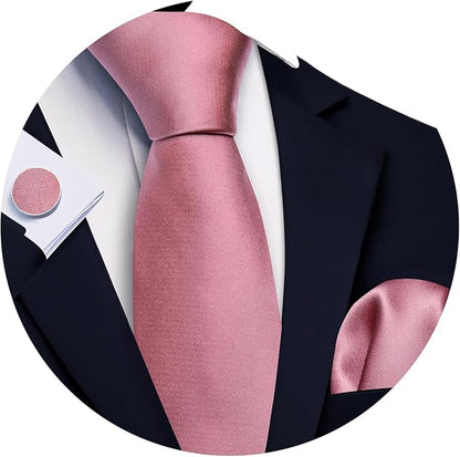 Barry.Wang Tie Sets for Men Silk Solid Necktie Stain Ties Handkerchief Pocket Square Cufflinks Wedding Business Dyed