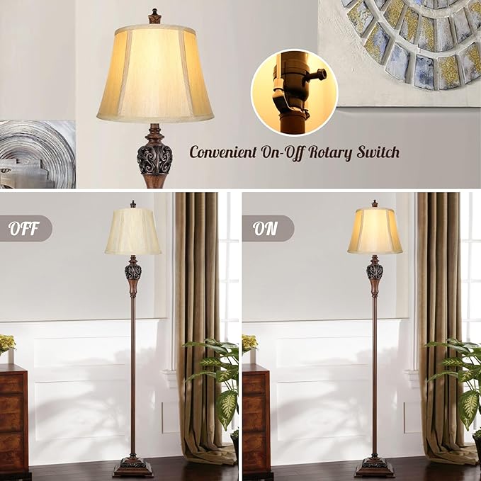 Vintage Floor Lamp for Living Room Traditional Farmhouse Tall Standing Lamp Mid-Century Antique Bedroom Pole Lamp with Bell Shape Faux Silk Shade Elegant Rustic Bright Lighting for Reading Home Decor