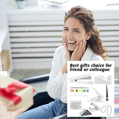 sportsvoutdoors White Desk Accessories, White Office Supplies,Large Stapler and Tape Dispenser Set, White Desk Accessory Kit, Gift for Students, Women, Coworkers, Boss Lady, Office Clerks