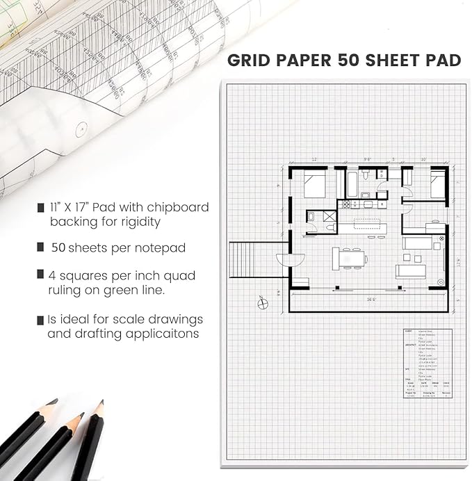 Performore 1 Pack Grid Paper Pads, 50 Sheets per Pad 11" x 17" Graph Paper Glue Top Binding Double Sided 4x4 Quadrille White Paper for Engineering Or Technical Drawings, Blueprint, Drafting