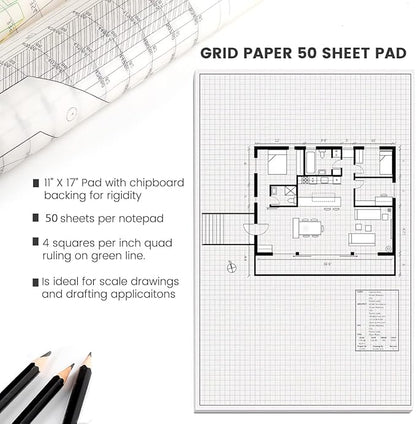Performore 1 Pack Grid Paper Pads, 50 Sheets per Pad 11" x 17" Graph Paper Glue Top Binding Double Sided 4x4 Quadrille White Paper for Engineering Or Technical Drawings, Blueprint, Drafting