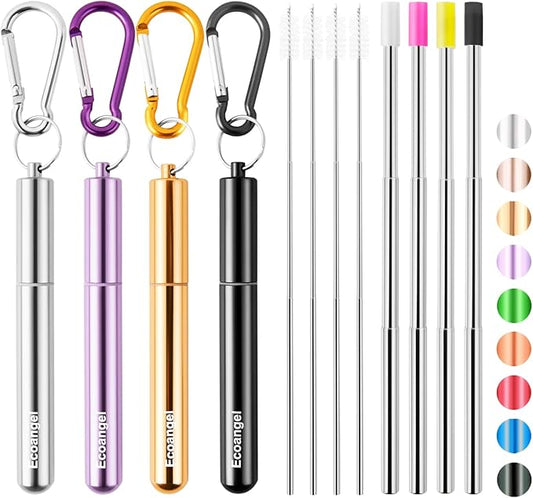 Cruise Ship Essentials,4-Pack reusable Collapsible Stainless Steel Drinking Straws with Aluminum Case,Cleaning Brush,and Keychains （Black & silver & purple & gold）