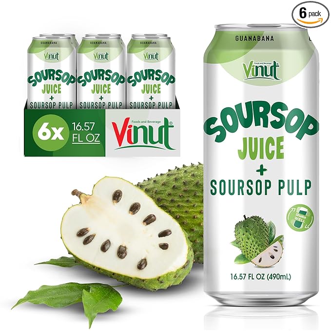 Vinut 100% Soursop Juice With Pulp (16.57 fl oz, Pack 6), No Sugar Added, Real Guanabana Soursop Graviola Drink, Fresh, Natural, Not from Concentrate (NFC)